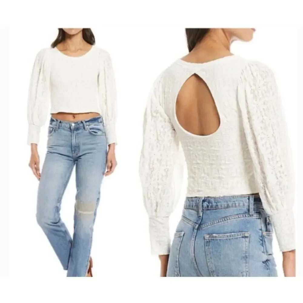 FREE PEOPLE Jasmine Lace Open Back Top‎ Puff Sleeves Balletcore Feminine Sz M